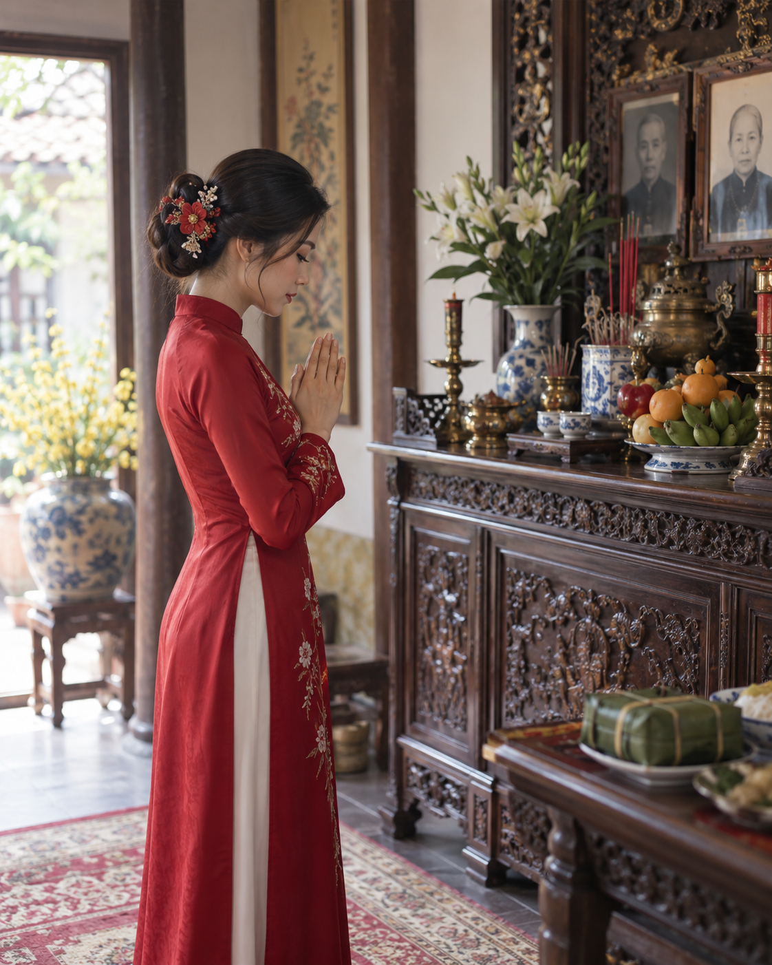 Áo dài cưới lụa đỏ ruby với chi tiết thêu thủ công