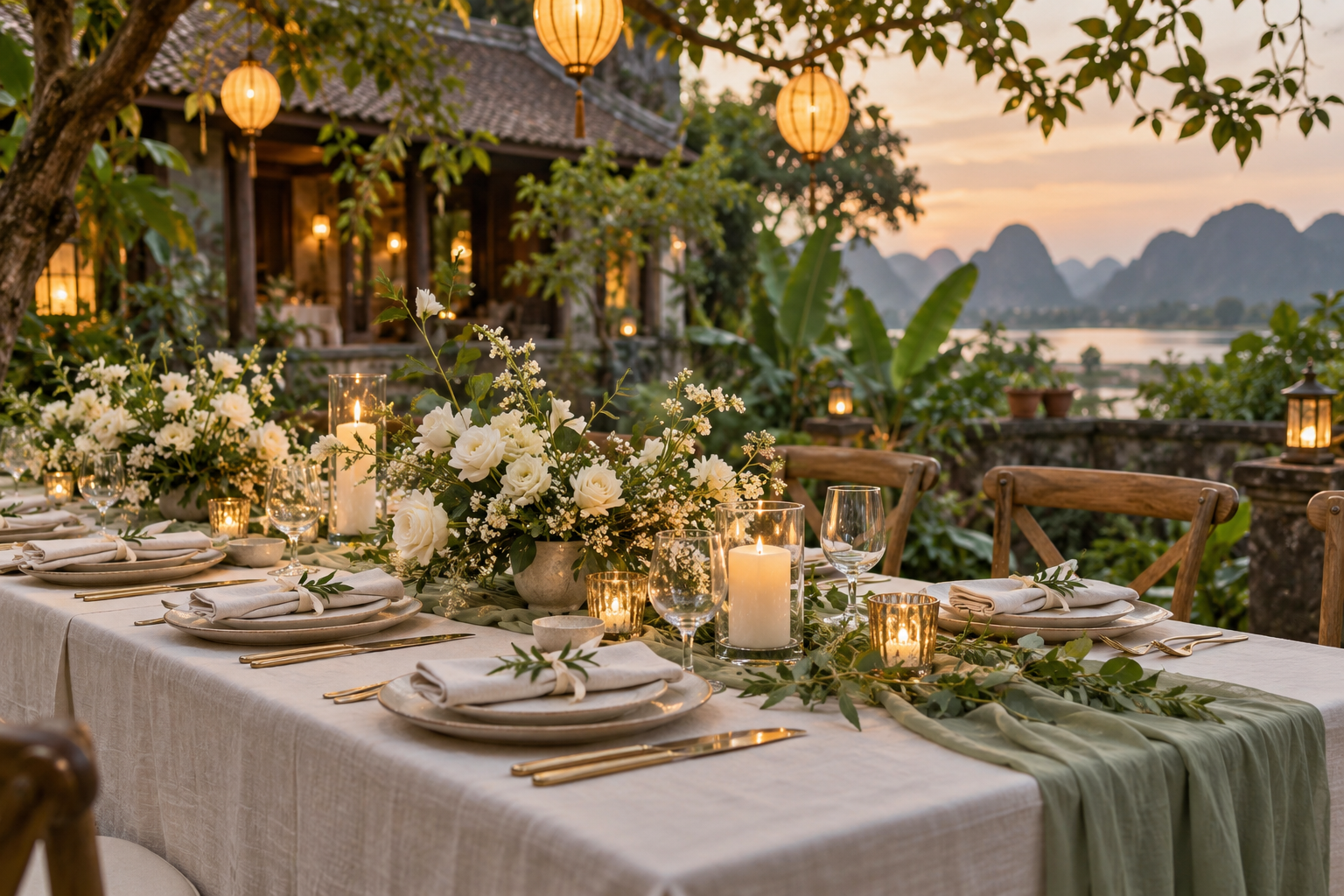 Bàn tiệc cưới sân vườn với hoa trắng và khăn linen