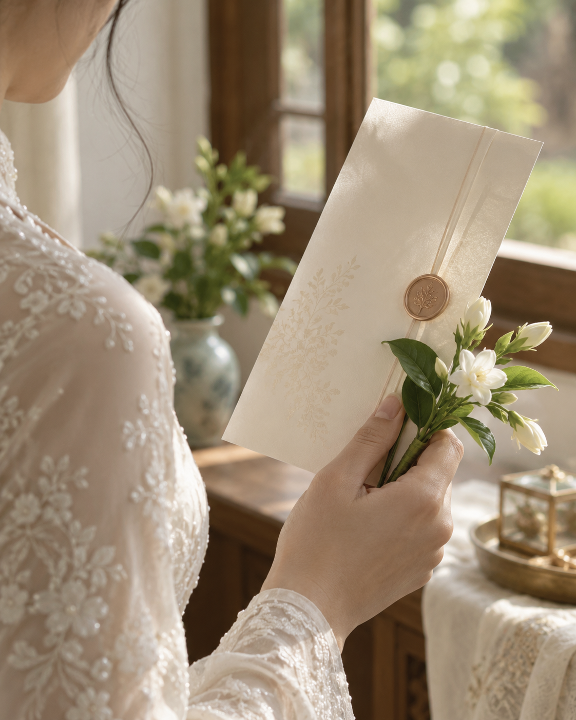 Thiệp mời màu ivory và cành hoa nhài bên cửa sổ