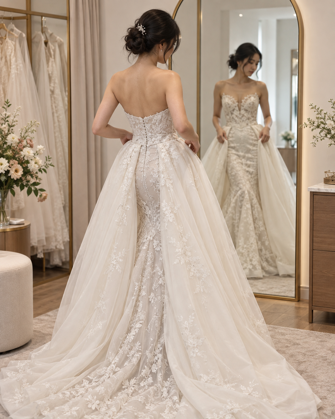 Cô dâu thử dáng váy chữ A trong phòng fitting