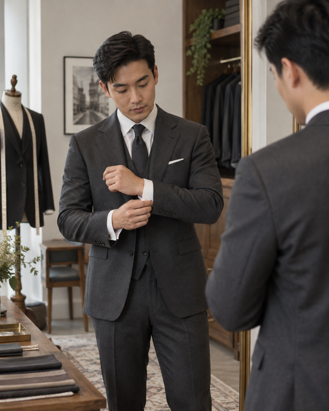 Chú rể thử vest màu than trong studio may đo